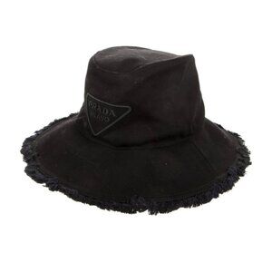 Prada Wide-Brim Black Fringe Bucket Hat, Size Medium, NWT